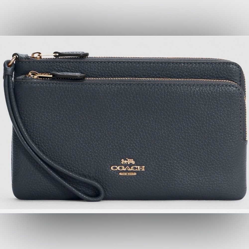 NEW Coach Midnight Blue Leather Double Zip Wristlet Wallet